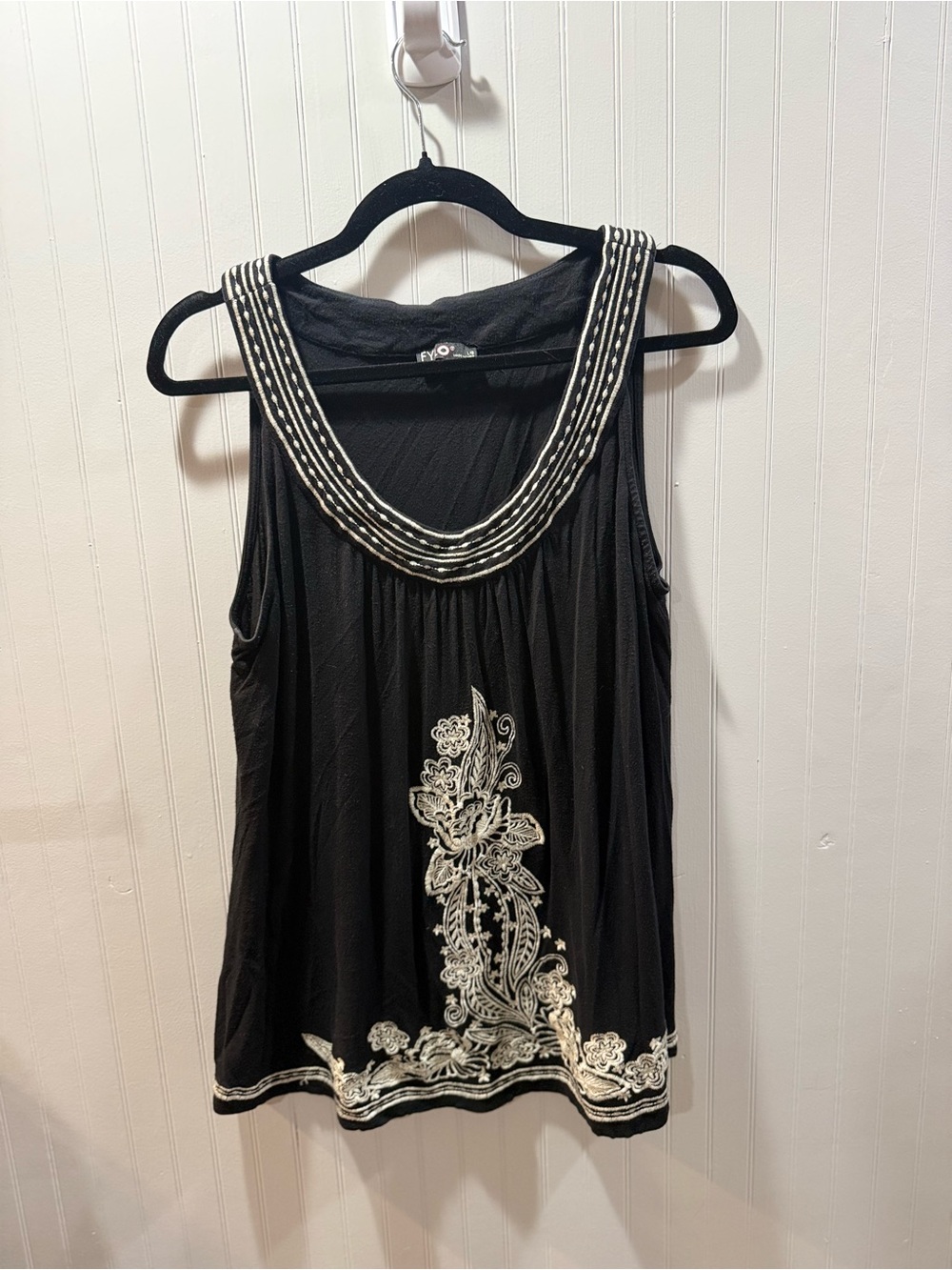 FYLO Black Sleeveless Tank with Cream Embroidered Accents